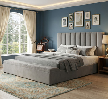 VEREMA Gray Velvet 61" Height Platform Bed with Storage Benches