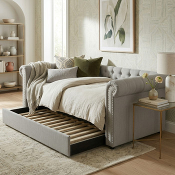 JAYME Gray Linen 96" Wide x 37" Height Daybed with Trundle