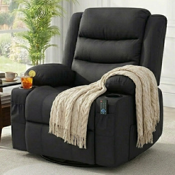 COVINA Black Polyester 36" Wide Swivel Rocker Recliner
