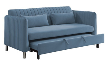 SUTTON Blue Fabric 72" Wide Pull-Out Sofa Sleeper