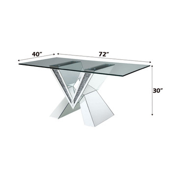 Noralie - 30" Dining Table - Mirrored, Faux Diamonds & Clear Glass Top