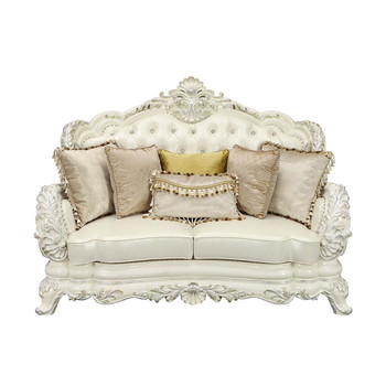 Adara - Loveseat With 5 Pillows - Pearl White Synthetic Leather & Antique White