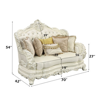 Adara - Loveseat With 5 Pillows - Pearl White Synthetic Leather & Antique White