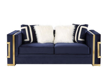 Virrux - Loveseat With 4 Pillows - Blue Velvet & Gold
