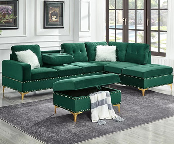 KUARRI Green Velvet 107" Wide Reversible Sectional 