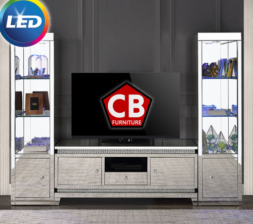 SCARLETA Mirrored 95" Wide Wall Unit with LED Lights
