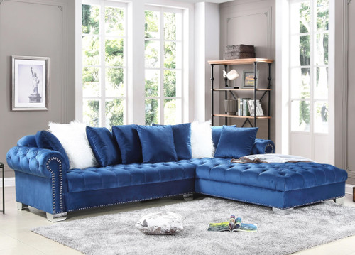 VELMA Blue Velvet 123" Wide Double Chaise Sectional