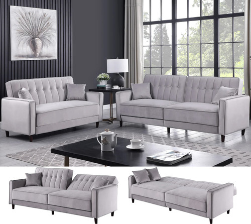 EZBIETA Gray Velvet Sofa Bed & Loveseat Bed (RTA)