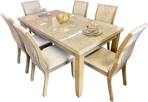 VELEME Beige Real Marble 7 Piece Dining Set with Suede Chairs
