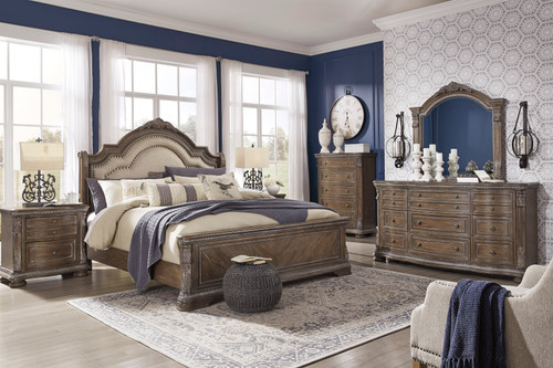 CHARMOND Dark Brown Oak Upholstered Sleigh Bedroom Set