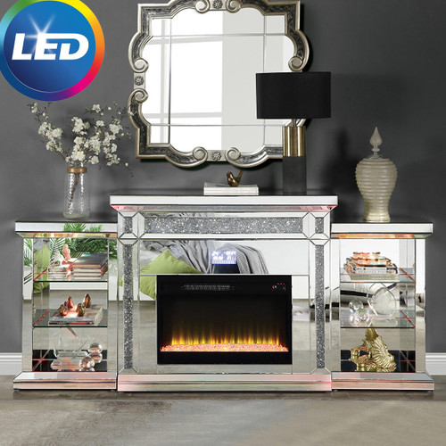 TAHITI Mirrored 82" Wide Fireplace with LED Lights & Bluetooth