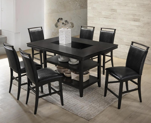 VEILAND Black 7 Piece Rectangular Counter Height Set with Faux Crocodile Leather 