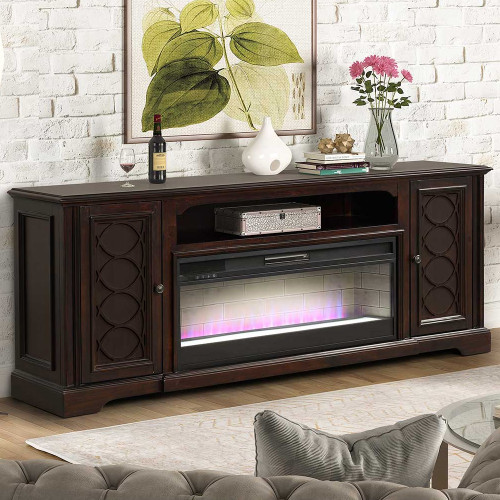 SELLES Brown 82" Wide TV Stand with Fireplace