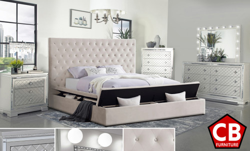 AZELL Beige Velvet Storage Bedroom Set