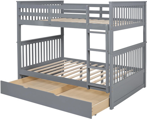 BRETT Gray Full over Full Bunk Bed with Trundle/Sorage