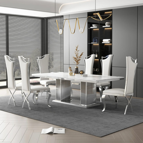 ASTARA Real Marble White & Silver 7 Piece Dining Set