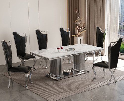 ASTARA Real Marble Black & Silver 7 Piece Dining Set