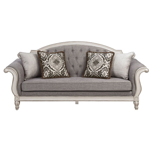 Florian - Sofa With 4 Pillows - Gray Fabric & Antique White