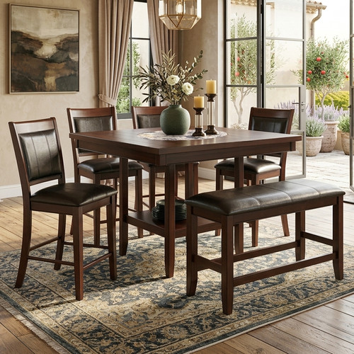 MITCHELL Dark Brown 6 Piece Counter Height Set with Lazy-Susan