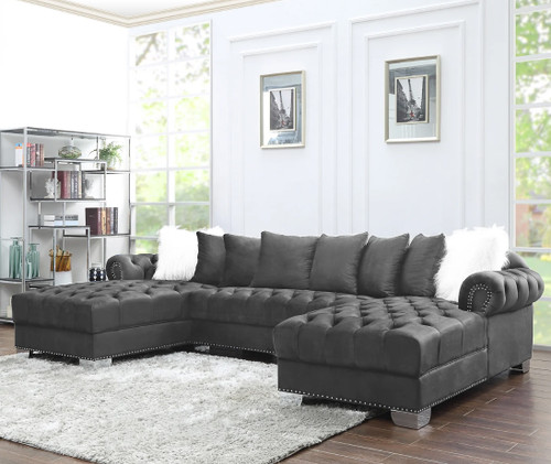 CALEDONIA Gray Velvet 127" Wide Double Chaise Sectional