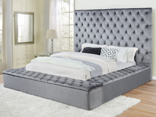 HARLYNN Gray Velvet King Storage Bed