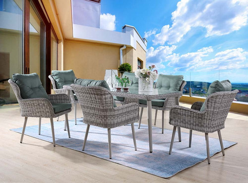 Jenneva - 7 Piece Patio Dining Set - Night Green Fabric & Gray