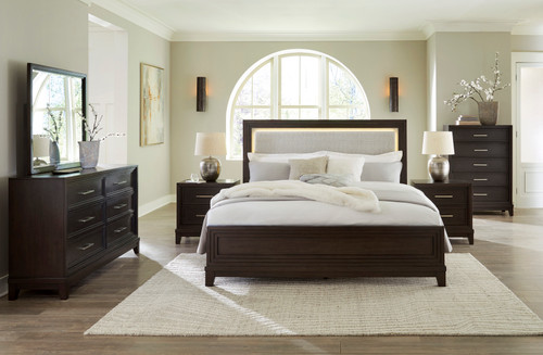 HOLLINS Grayish Brown Bedroom Set with Fabric LED Bed
