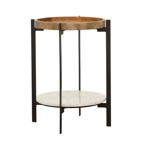 Adhvik - Round Accent Table With Marble Shelf - Natural And Black