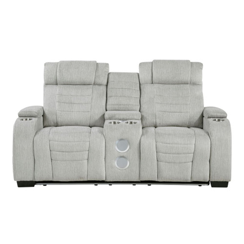 Ronan - Double Reclining Loveseat With Center Console, Wireless Speakers, Storage Arms, Cup Holders And Led - Gray