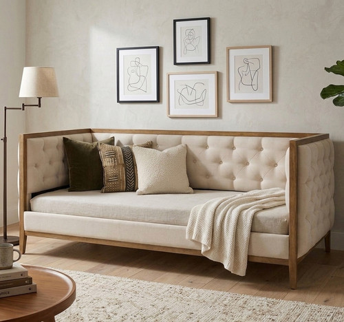 LAYNE Natural Oak Wood and Fabric Daybed