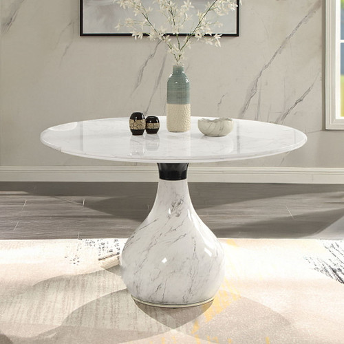 Koen - Round Dining Table, Engineering Marble Top - White & Black
