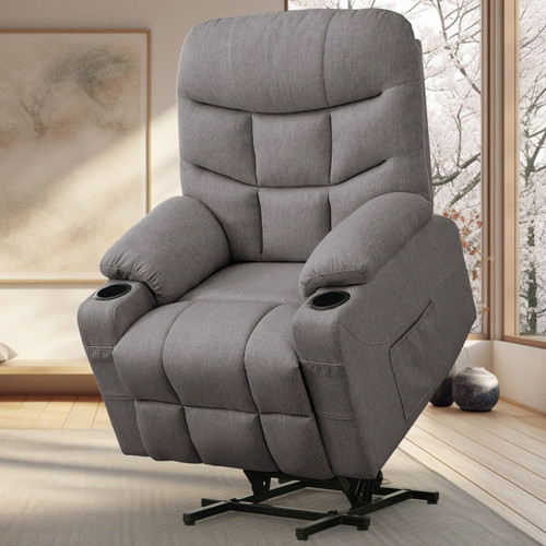 DUBOIS Gray Linen 34" Wide x 42" Height Power-Lift Recliner | with Vibration-Massage, Heating and Cupholders