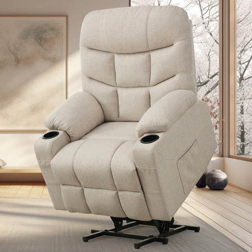 DUBOIS Khaki Linen 34" Wide x 42" Height Power-Lift Recliner | with Vibration-Massage, Heating and Cupholders