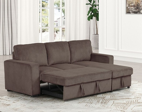 FARAH Brown 93" Wide Reversible Corduroy Sectional with Pull-Out Sleeper & Storage