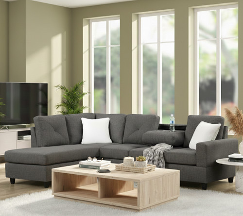 OZARK Dark Gray Linen 102" x 74" Reversible Sectional with Drop-Down Table