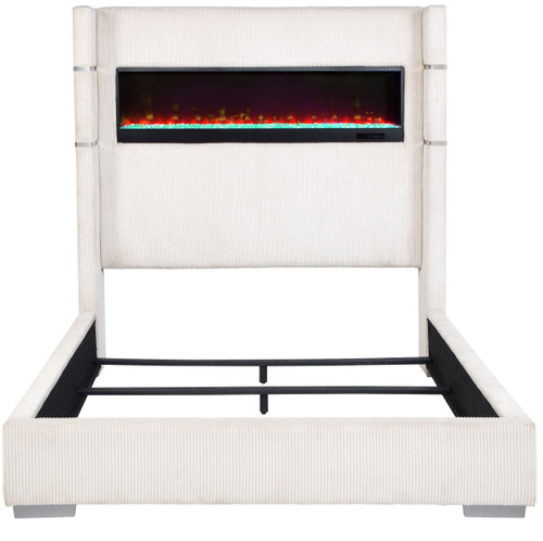 RACHEL White Corduroy Bed With Fireplace and USB