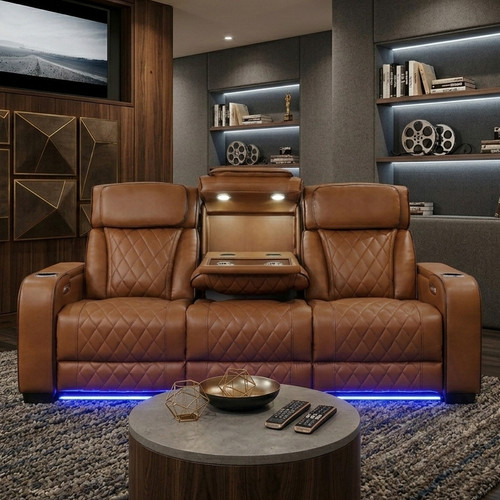 MARVEL Caramel Brown 84" Wide Power Reclining Sofa with LED Lighting