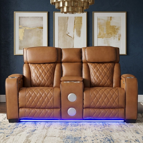 MARVEL Caramel Brown 74" Wide Loveseat with Bluetooth Speakers & LED Lighting