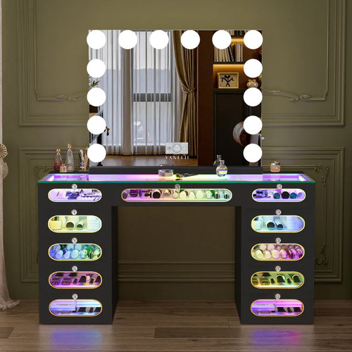 YULIZA RGB Plus Black 60" Wide Vanity Desk Set with 13 Storage Drawers and 15 Bulbs Light Mirror