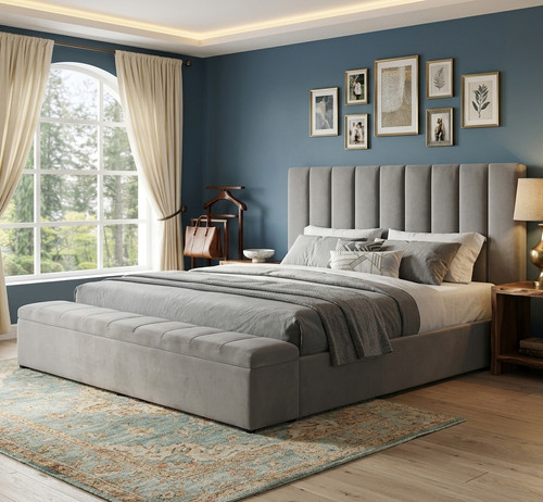 VEREMA Gray Velvet 61" Height Platform Bed with Storage Benches