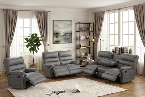 HAWKINS Gray Microsuede Reclining Sofa, Loveseat & Recliner