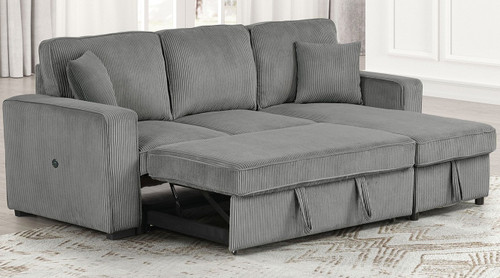 FARAH Gray 93" Wide Reversible Corduroy Sectional with Pull-Out Sleeper & Storage