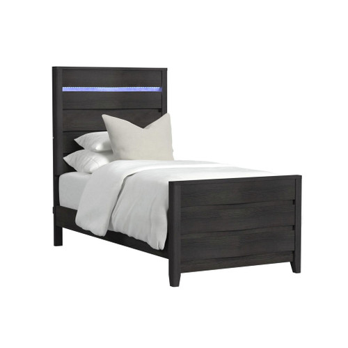 Tobias - Twin Panel Headboard With LED And Footboard And Slats - Black