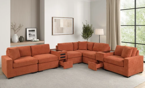 NOVI Rust Orange Spill-Proof 156" Wide 8 Piece Modular Sectional with Speaker 