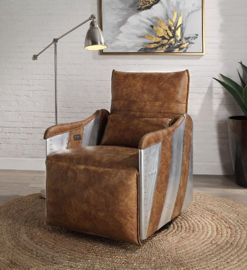 Qalurne - Power Motion Recliner With Swivel - Two Tone Mocha Top Grain Leather & Aluminum