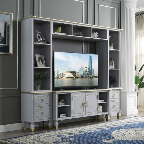 House Marchese - Entertainment Center - Gold Trim & Pearl Gray