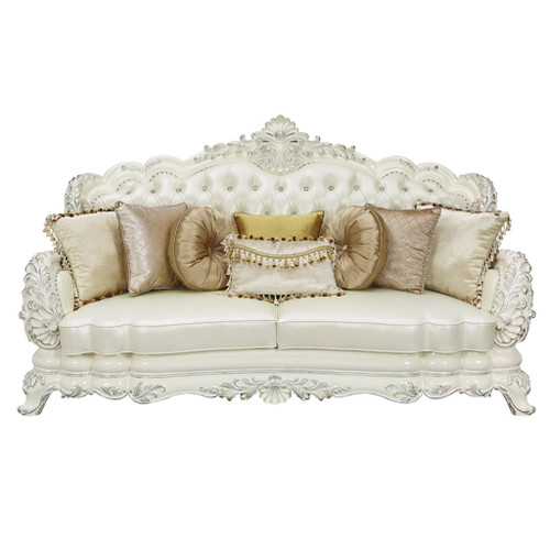 Adara - Sofa With 7 Pillows - Pearl White Synthetic Leather & Antique White