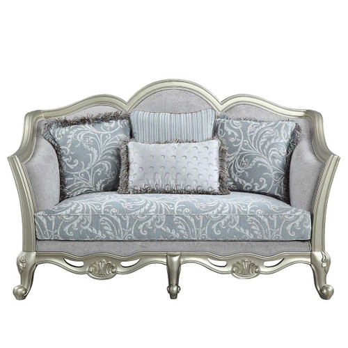 Qunsia - Loveseat With 4 Pillows - Light Gray Linen & Champagne