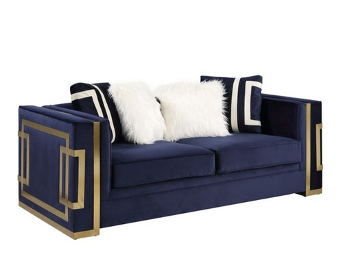 Virrux - Loveseat With 4 Pillows - Blue Velvet & Gold