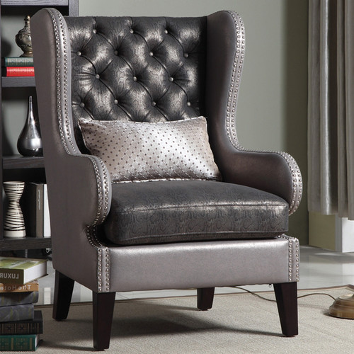 Leandra Gray Accent Arm Chair with Nailheads